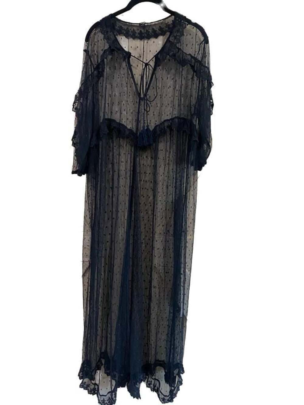 VONDA Black Sheer Swiss Dot Lace Trim Maxi Duster Kimono